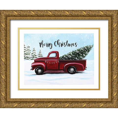 Merry Christmas - Red Truck Gold Ornate Wood Framed Art Print with Double Matting by Tyndall, Elizabeth