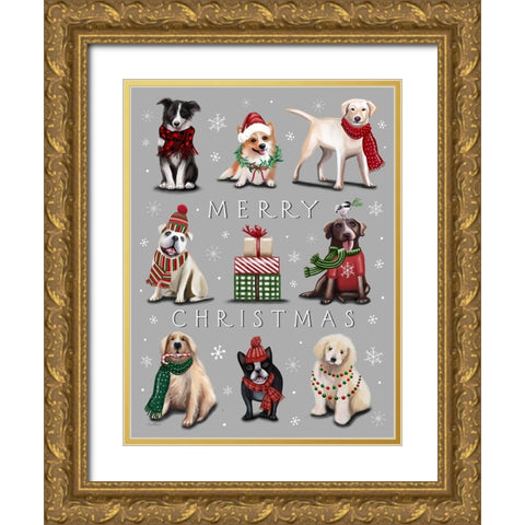 Merry Christmas Dogs Gold Ornate Wood Framed Art Print with Double Matting by Tyndall, Elizabeth