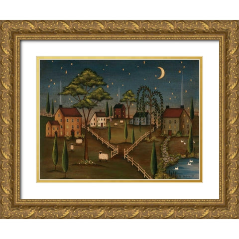 Village Night Gold Ornate Wood Framed Art Print with Double Matting by Lewis, Kim