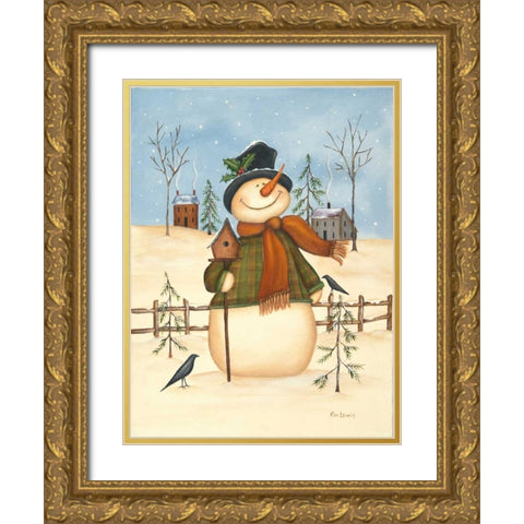 Snowman Bird House II Gold Ornate Wood Framed Art Print with Double Matting by Lewis, Kim