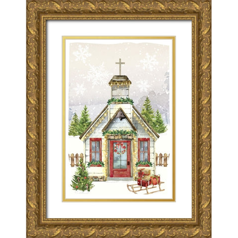 Country Christmas Church Gold Ornate Wood Framed Art Print with Double Matting by ND Art