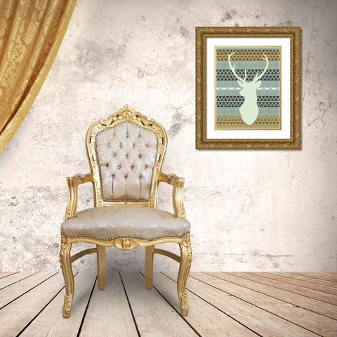 Green Tribal Deer Head Gold Ornate Wood Framed Art Print with Double Matting by Moss, Tara