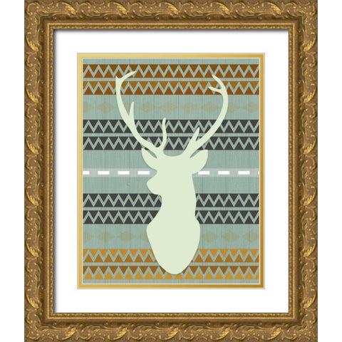 Green Tribal Deer Head Gold Ornate Wood Framed Art Print with Double Matting by Moss, Tara