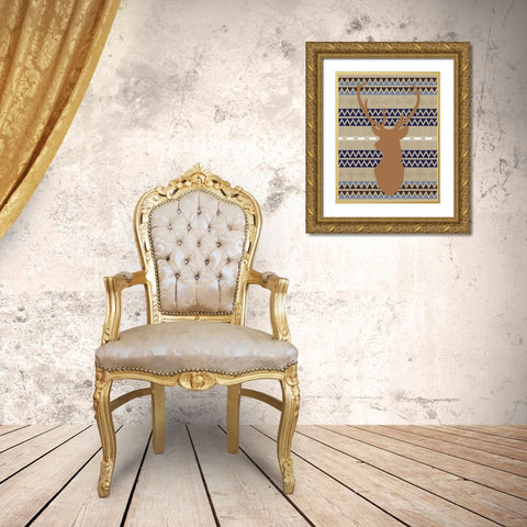 Orange Blue Tribal Deer Gold Ornate Wood Framed Art Print with Double Matting by Moss, Tara