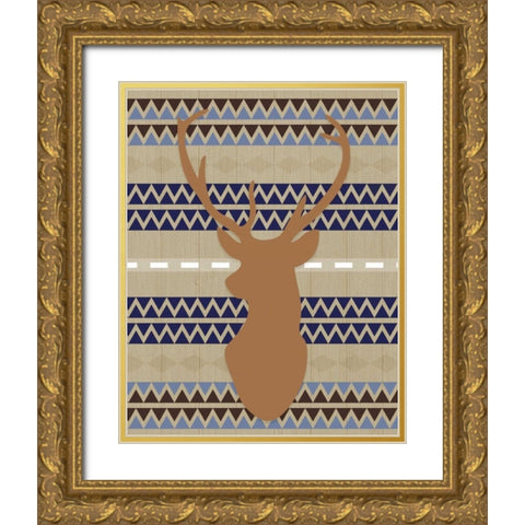Orange Blue Tribal Deer Gold Ornate Wood Framed Art Print with Double Matting by Moss, Tara