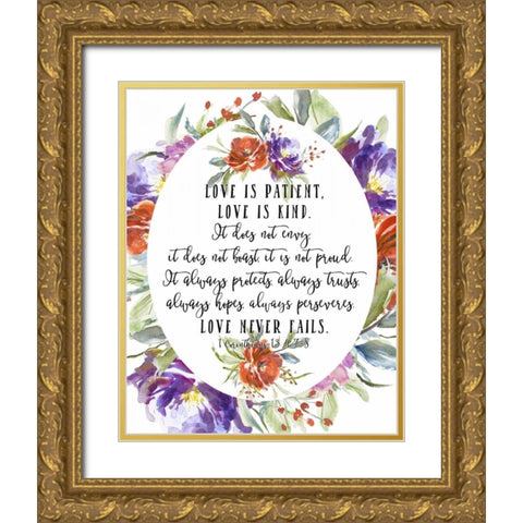 1 Corinthians 13 4, 7-8 Gold Ornate Wood Framed Art Print with Double Matting by Moss, Tara