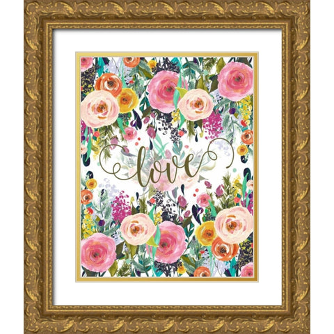 Love Colorful Florals Gold Ornate Wood Framed Art Print with Double Matting by Moss, Tara