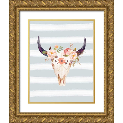 Bull Skull on Stripes Gold Ornate Wood Framed Art Print with Double Matting by Moss, Tara
