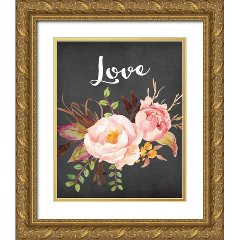 Watercolor Flowers Love Gold Ornate Wood Framed Art Print with Double Matting by Moss, Tara