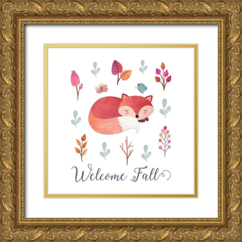 Welcome Fall Fox Gold Ornate Wood Framed Art Print with Double Matting by Moss, Tara