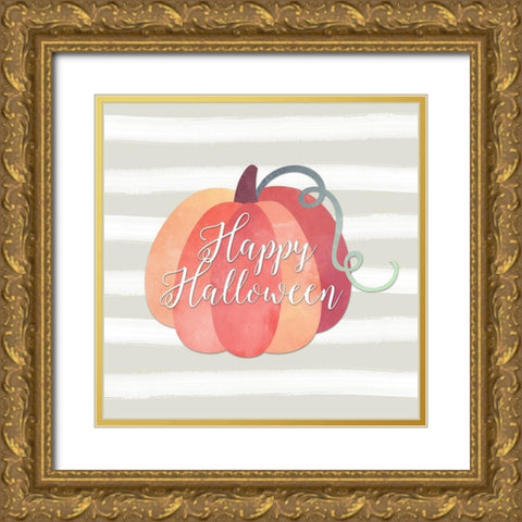 Happy Halloween Pumpkin Gold Ornate Wood Framed Art Print with Double Matting by Moss, Tara