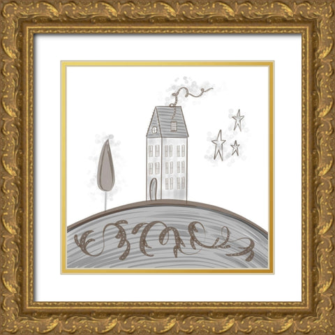 Primitive House on Hill Gold Ornate Wood Framed Art Print with Double Matting by Moss, Tara