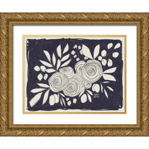Navy Floral Gold Ornate Wood Framed Art Print with Double Matting by Wieners, Valerie