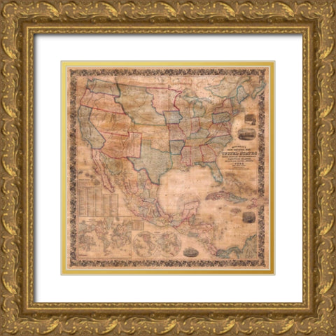 Map of the United States and North America, 1856 Gold Ornate Wood Framed Art Print with Double Matting by Anonymous