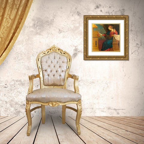The Annunciation, The Virgin Mary Gold Ornate Wood Framed Art Print with Double Matting by Ferrari, Gaudenzio