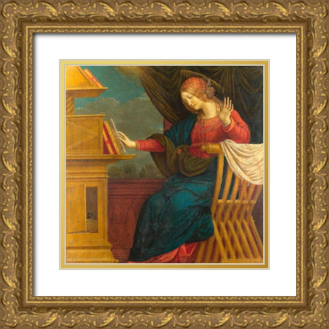 The Annunciation, The Virgin Mary Gold Ornate Wood Framed Art Print with Double Matting by Ferrari, Gaudenzio