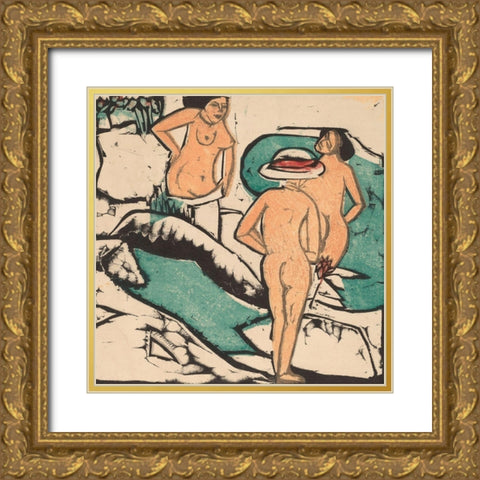 Women Bathing between White Stones Gold Ornate Wood Framed Art Print with Double Matting by Kirchner, Ernst Ludwig