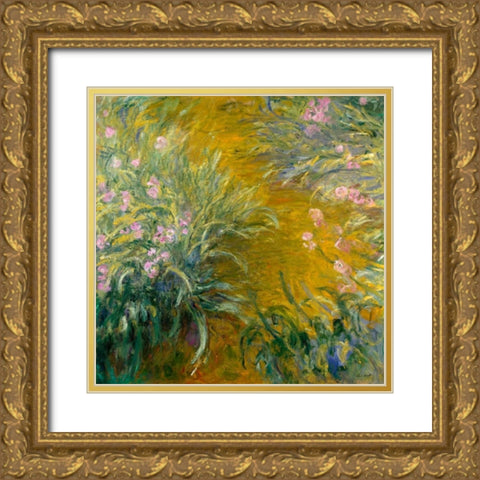 The Path through the Irises Gold Ornate Wood Framed Art Print with Double Matting by Monet, Claude