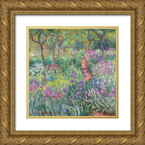 The artists garden at Giverny Gold Ornate Wood Framed Art Print with Double Matting by Monet, Claude