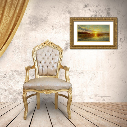 Sunset over a Danish Fiord Gold Ornate Wood Framed Art Print with Double Matting by Monsted, Peder Mork