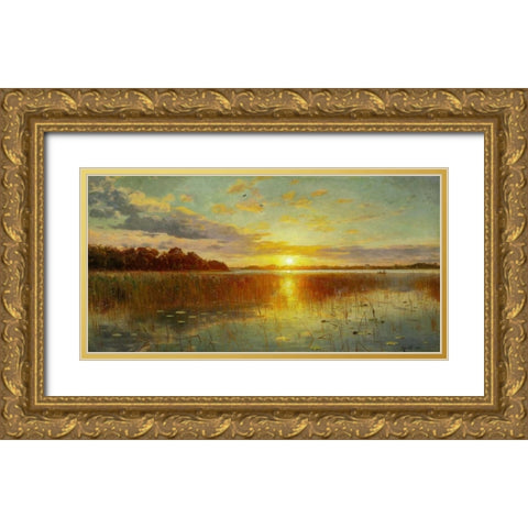 Sunset over a Danish Fiord Gold Ornate Wood Framed Art Print with Double Matting by Monsted, Peder Mork