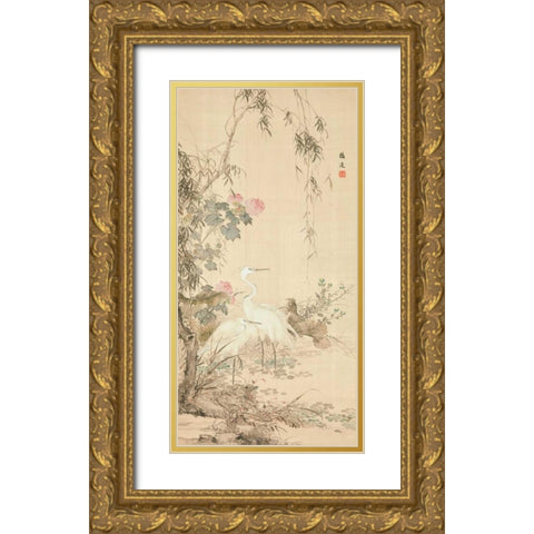 Willow and Herons  Gold Ornate Wood Framed Art Print with Double Matting by Anonymous