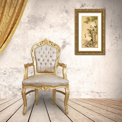 Cranes, Peach Tree, and Chinese Roses  Gold Ornate Wood Framed Art Print with Double Matting by Anonymous