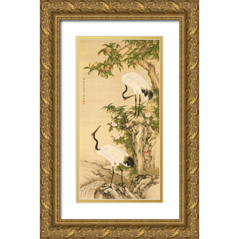 Cranes, Peach Tree, and Chinese Roses  Gold Ornate Wood Framed Art Print with Double Matting by Anonymous