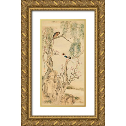 Birds on flowered branches Gold Ornate Wood Framed Art Print with Double Matting by Anonymous