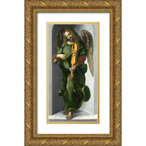 An Angel in Green with a Vielle Gold Ornate Wood Framed Art Print with Double Matting by After Leonardo da Vinci