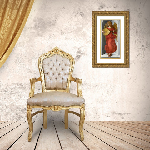 An Angel in Red with a Lute Gold Ornate Wood Framed Art Print with Double Matting by After Leonardo da Vinci
