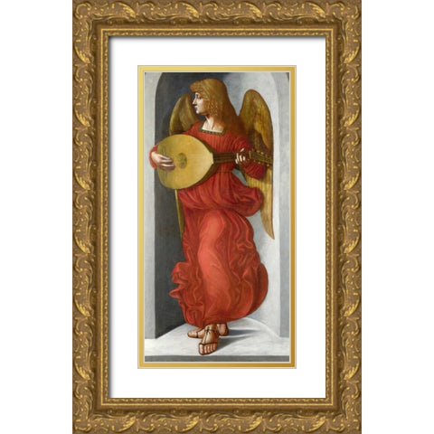 An Angel in Red with a Lute Gold Ornate Wood Framed Art Print with Double Matting by After Leonardo da Vinci