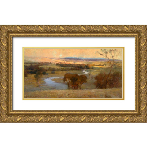 Still glides the stream, and shall for ever glide Gold Ornate Wood Framed Art Print with Double Matting by Streeton, Arthur