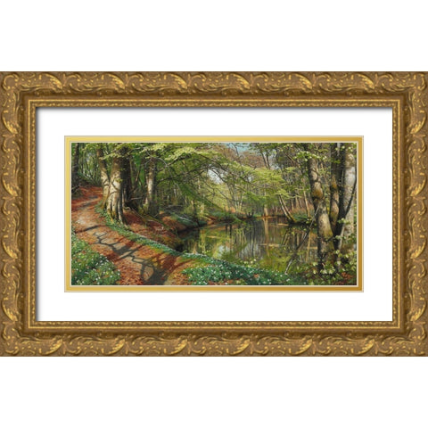A spring day in the forest Gold Ornate Wood Framed Art Print with Double Matting by Monsted, Peder Mork