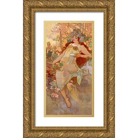Automne Gold Ornate Wood Framed Art Print with Double Matting by Mucha, Alphonse
