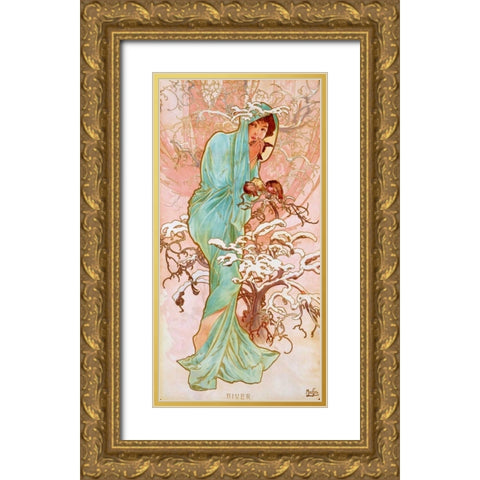 Hiver Gold Ornate Wood Framed Art Print with Double Matting by Mucha, Alphonse