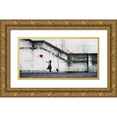 South Bank London-graffiti attributed to Banksy Gold Ornate Wood Framed Art Print with Double Matting by Anonymous