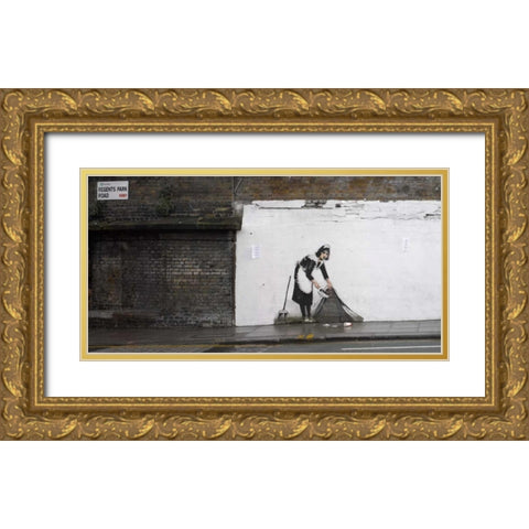 Regents Park Rd Camden London-graffiti attributed to Banksy Gold Ornate Wood Framed Art Print with Double Matting by Anonymous