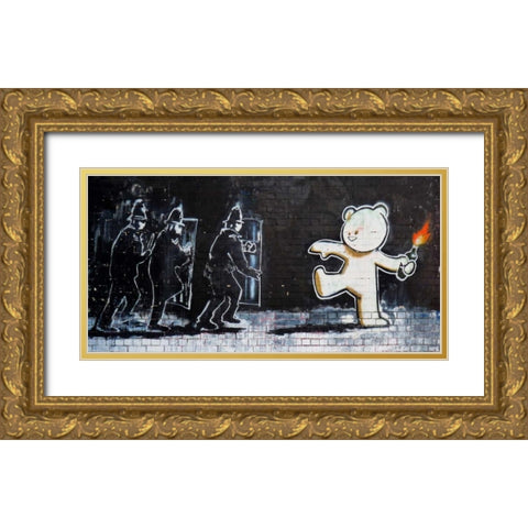 Stokes Croft Road, Bristol (graffiti attributed to Banksy) Gold Ornate Wood Framed Art Print with Double Matting by Anonymous (attributed to Banksy)