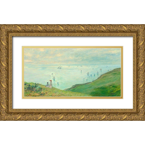 Cliffs at Pourville Gold Ornate Wood Framed Art Print with Double Matting by Monet, Claude