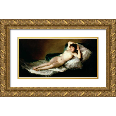 La Maja desnuda Gold Ornate Wood Framed Art Print with Double Matting by Goya, Francisco