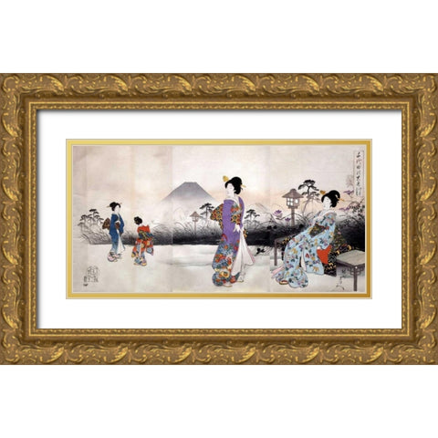 Japonaises en promenade devant le mont Fuji Gold Ornate Wood Framed Art Print with Double Matting by Toyohara
