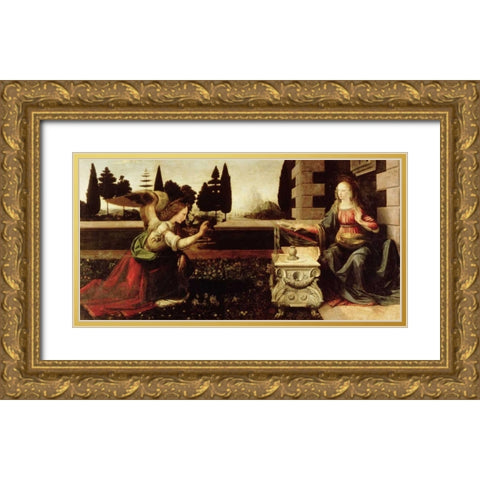 Annunciazione Gold Ornate Wood Framed Art Print with Double Matting by da Vinci, Leonardo