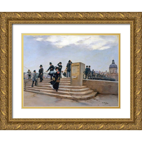 On the Pont des Arts, Paris (detail) Gold Ornate Wood Framed Art Print with Double Matting by Beraud, Jean