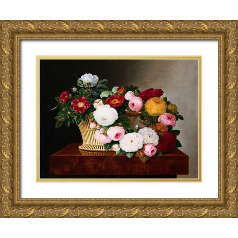 Still Life of Roses Gold Ornate Wood Framed Art Print with Double Matting by Jensen, Johan Laurentz