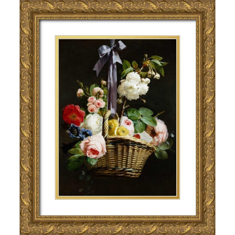 A Romantic Basket of Flowers Gold Ornate Wood Framed Art Print with Double Matting by Berjon, Antoine