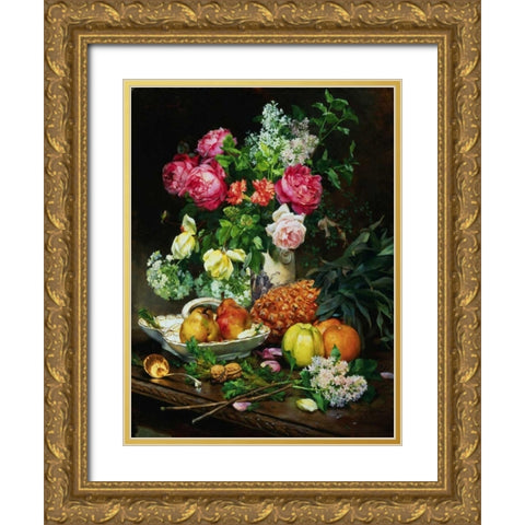 Painting of Roses in a Vase, Pears in a Porcelain Bowl Gold Ornate Wood Framed Art Print with Double Matting by Anonymous