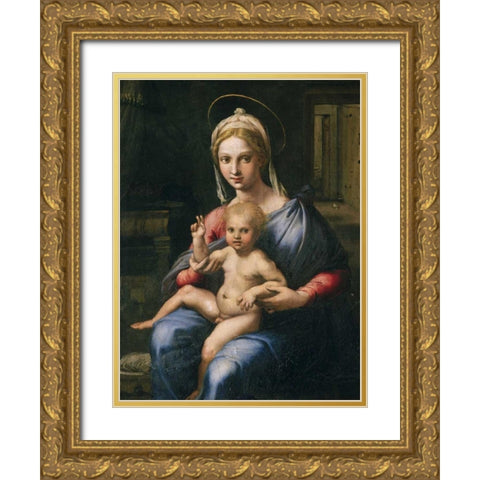 Vergine e Bambino Gold Ornate Wood Framed Art Print with Double Matting by Giulio Romano