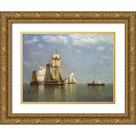 Ships lying off flushing Gold Ornate Wood Framed Art Print with Double Matting by Clays, Paul Jean