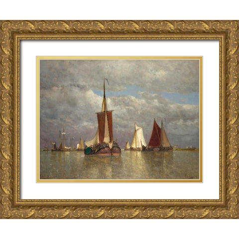 Ships lying near Dordrecht Gold Ornate Wood Framed Art Print with Double Matting by Clays, Paul Jean